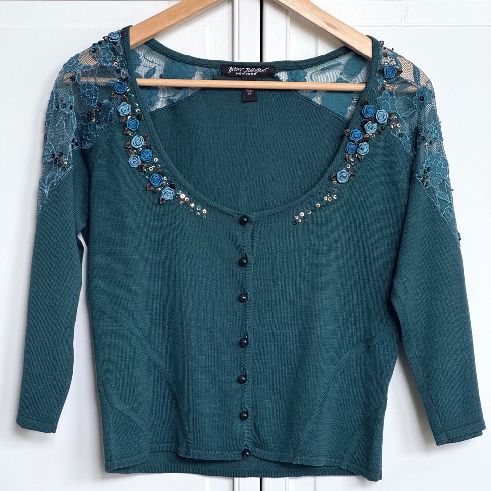 Betsey Johnson Teal Cotton Silk Blend Lace Floral Cropped Cardigan Sweater Mโ